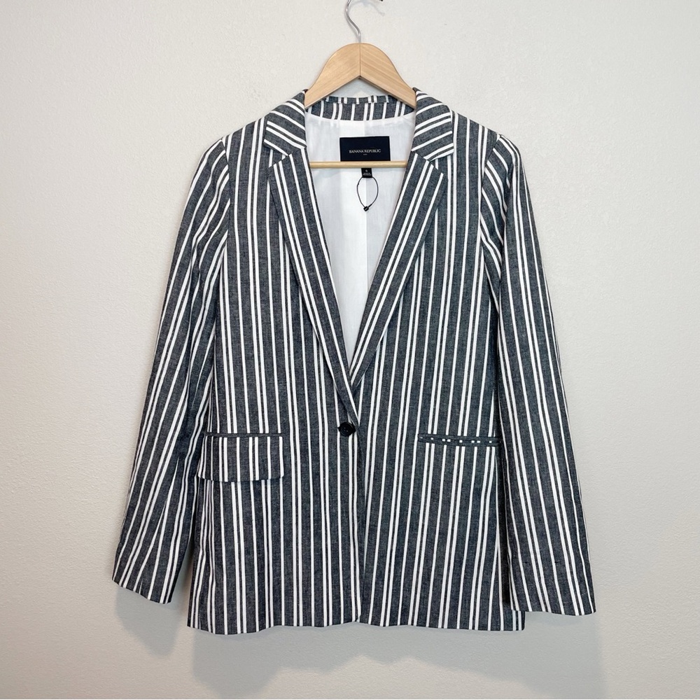 Banana Republic Linen Cotton Blend One Button Front Blazer Striped Size 6